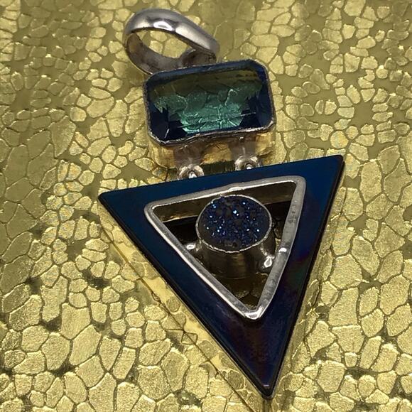 925 Sterling Silver Blue Stone Pendant Necklace Beaded Chain Geometric Triangle - Picture 5 of 8